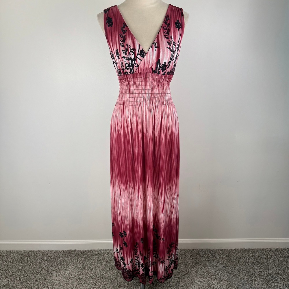 Y2K Pink Floral Tie Dye Smocked‎ Maxi Dress with Crochet Lace Back Sleeveless